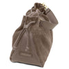 Side And Detachable Handle View Of The Dark Taupe Italian Suede Drawstring Shoulder Bag