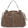 Front View Of The Dark Taupe Italian Suede Drawstring Shoulder Bag