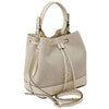 Angled And Shoulder Strap View Of The Beige Italian Suede Leather Bucket Bag