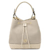 Front View Of The Beige Italian Suede Leather Bucket Bag