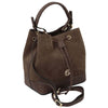 Angled And Shoulder Strap  View Of The Chocolate Italian Suede Leather Bucket Bag