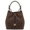Front  View Of The Chocolate Italian Suede Leather Bucket Bag