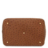 Underneath View Of The Cognac Italian Suede Leather Bucket Bag
