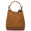 Rear View Of The Cognac Italian Suede Leather Bucket Bag