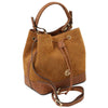 Angled And Shoulder Strap View Of The Cognac Italian Suede Leather Bucket Bag