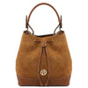 Front View Of The Cognac Leather Italian Suede Leather Bucket Bag