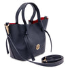 Angled And Shoulder Strap View Of The Dark Blue  Italian Handbag