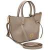 Angled And Shoulder Strap View Of The Light Taupe Italian Handbag