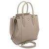 Angled And Shoulder Strap View Of The Light Taupe Italian Leather Handbag