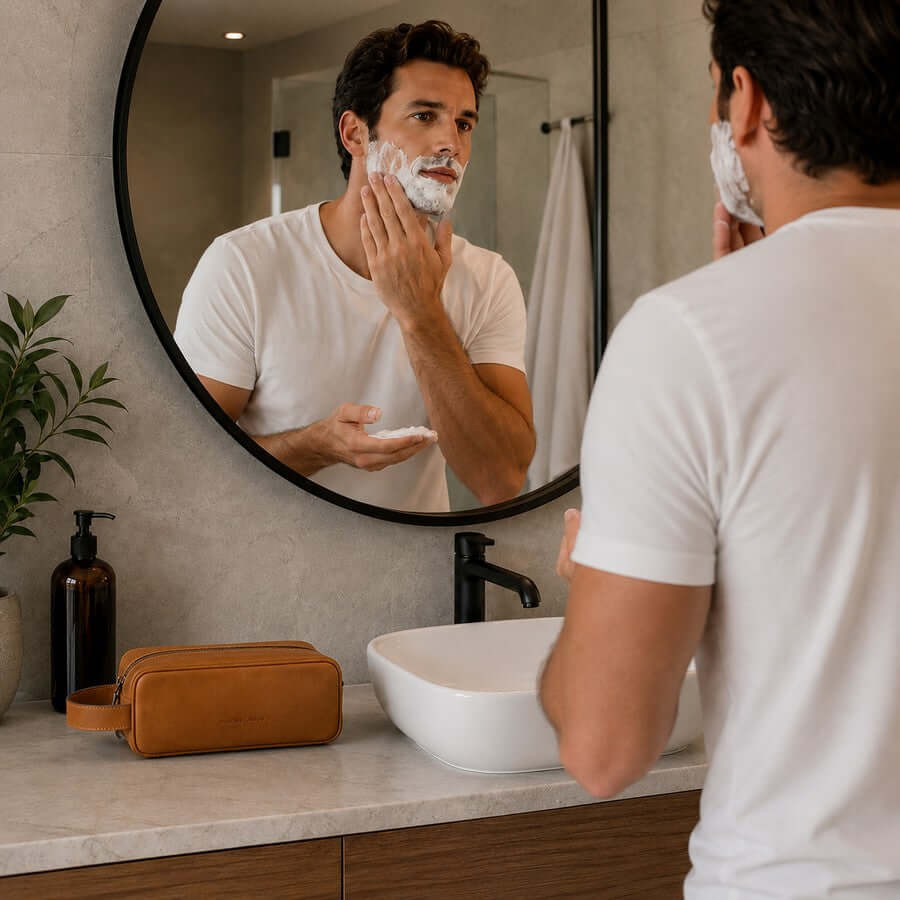Man using a natural Italian leather toiletry bag as a practical Father’s Day gift