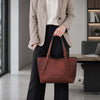 Woman Posing With The Red Italian Leather Tote Bag