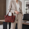 Woman Holding The Red Italian Leather Tote Bag