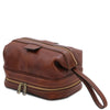 Front View Of The Brown Mens Toiletry Bag Leather