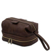 Mens Toiletry Bag Leather in rich dark brown color with double zip pockets and stylish design for men.