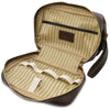 Mens Toiletry Bag Leather interior with multiple compartments and elegant striped lining.