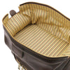 Interior view of Mens Toiletry Bag Leather showing striped lining and spacious design.