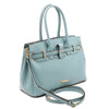 Angled And Shoulder Strap View Of The Light Blue Ladies Handbag
