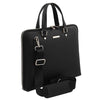 Angled And Shoulder Strap View Of The Black Ladies Leather Business Bag
