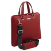 Angled And Shoulder Strap View Of The Red Ladies Leather Business Bag
