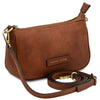 Leather Clutch Bag for Women displayed in brown with adjustable strap.