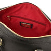 Internal Zip Pocket View Of The Black Ladies Leather Duffle Bag