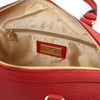 Internal Zip Pocket View Of The Lipstick Red Ladies Leather Duffle Bag