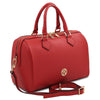 Angled And Shoulder Strap View Of The Lipstick Red Ladies Leather Duffle Bag
