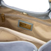 Internal Zip Pocket View Of The Light Blue Ladies Leather Shopper Tote