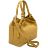 Angled And Shoulder Strap View Of The Yellow Ladies Leather Shopper Tote