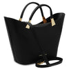 Angled And Shoulder Strap View Of The Black Ladies Leather Tote Handbag