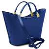 Angled And Shoulder Strap View Of The Blue Ladies Leather Tote Handbag