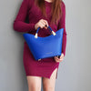 Woman Posing With The Blue Ladies Leather Tote Handbag