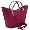 Angled And Shoulder Strap View Of The Fuchsia Ladies Leather Tote Handbag