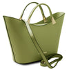 Angled And Shoulder Strap View Of The Green Ladies Leather Tote Handbag