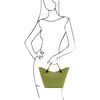 Woman Posing With The Green Ladies Leather Tote Handbag
