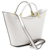 Angled And Shoulder Strap View Of The White Ladies Leather Tote Handbag