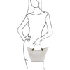 Woman Posing With The White Ladies Leather Tote Handbag