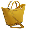 Angled And Shoulder Strap View Of The Yellow Ladies Leather Tote Handbag