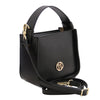 Angled And Shoulder Strap View Of The Black Ladies Small Handbag