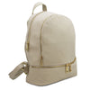 Angled View Of The Beige Ladies Small Leather Backpack