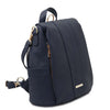 Angled and Side Pocket View Of The Dark Blue Ladies Backpack