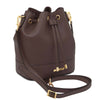 Angled And Shoulder Strap View Of The Chocolate Ladies Bucket Bag