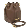 Angled And Shoulder Strap View Of The Dark Taupe Ladies Bucket Bag