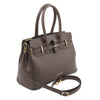 Angled And Shoulder Strap View Of The Dark Taupe Ladies Handbag