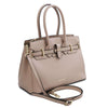 Angled And Shoulder Strap View Of The Light Taupe Ladies Handbag
