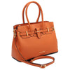 Angled And Shoulder Strap View Of The Orange Ladies Handbag
