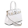 Angled and Shoulder Strap View Of The White Ladies Handbag