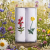 Ladies Handkerchief - Wild Flower Embroidery in a gift box featuring red and yellow floral designs.