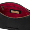 Interior view of Leather Clutch Bag for Women in black showcasing rich red lining and brand label.