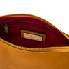 Interior view of Leather Clutch Bag for Women in natural showcasing rich red lining and brand label.